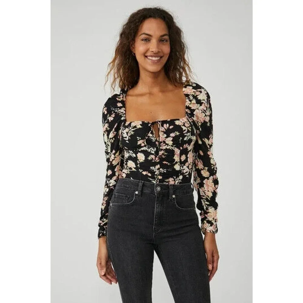 NWT Free People Hilary Printed Top Long Sleeve Black Combo Women's Size Medium